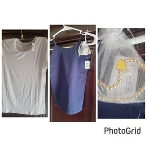 White crew tee size 14. Seamless navy blue tank size 14. Metal beaded bracelet.